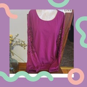 Belle by Kim Gravel Raspberry Lace-Sleeve Scoop Neck Long Sleeve Top Sz Xl
